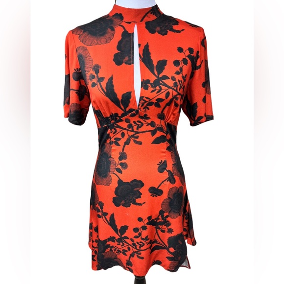 ASOS Dresses & Skirts - ASOS Keyhole Short Sleeve High Neck Flirty Hem Line Floral Mini Dress Burnt Red